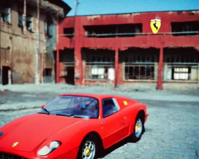 Prompt: a lomographic photo of ferrari standing in typical soviet yard in small town, hrushevka on background, cinestill, bokeh
