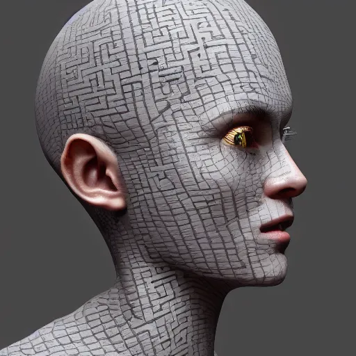 Prompt: : androgynous person with maze pattern skin all over hyper detailed art station  dalle2 contest winners unrealengine trending on artstation,cinematic, hyper realism, high detail, octane render, 8k