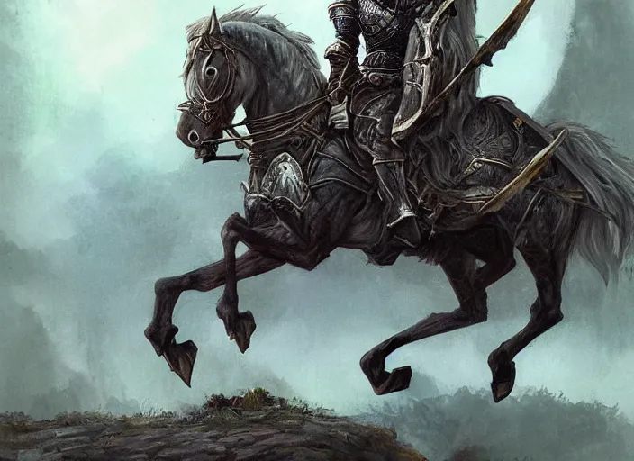 Image similar to knight on horseback, fantasy art, very detailed, beautiful, dark souls, lush landscape