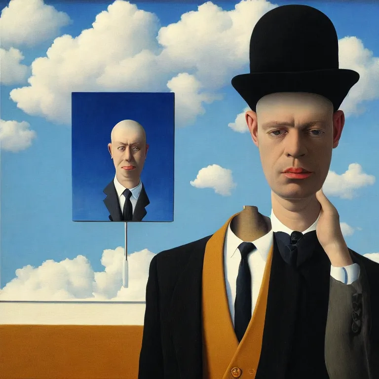 Image similar to portrait of a faceless mirror - head man in a suit, clouds in the background, by rene magritte, detailed painting, distance, middle centered, hd, hq, high resolution, high detail, 4 k, 8 k