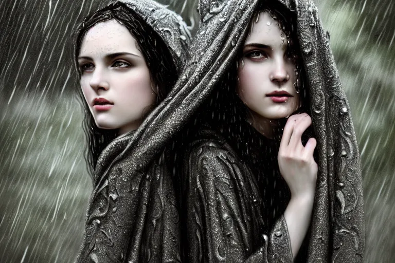 Image similar to highly detailed portrait of a beautiful girl in the rain with wet dark hair and pale skin, ornate elegant silver robes, fantasy, intricate, elegant, dramatic lighting, emotionally evoking symbolic metaphor, highly detailed, lifelike, photorealistic, digital painting, artstation, concept art, smooth, sharp focus, illustration, art by John Collier and Albert Aublet and Krenz Cushart and Artem Demura and Alphonse Mucha