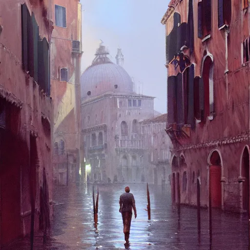 Image similar to A man walking through Venice Italy during the Great Renaissance in a cyberpunk universe, futuristic, sci-fi, highly detailed, digital painting, trending on artstation, 8k by Syd Mead
