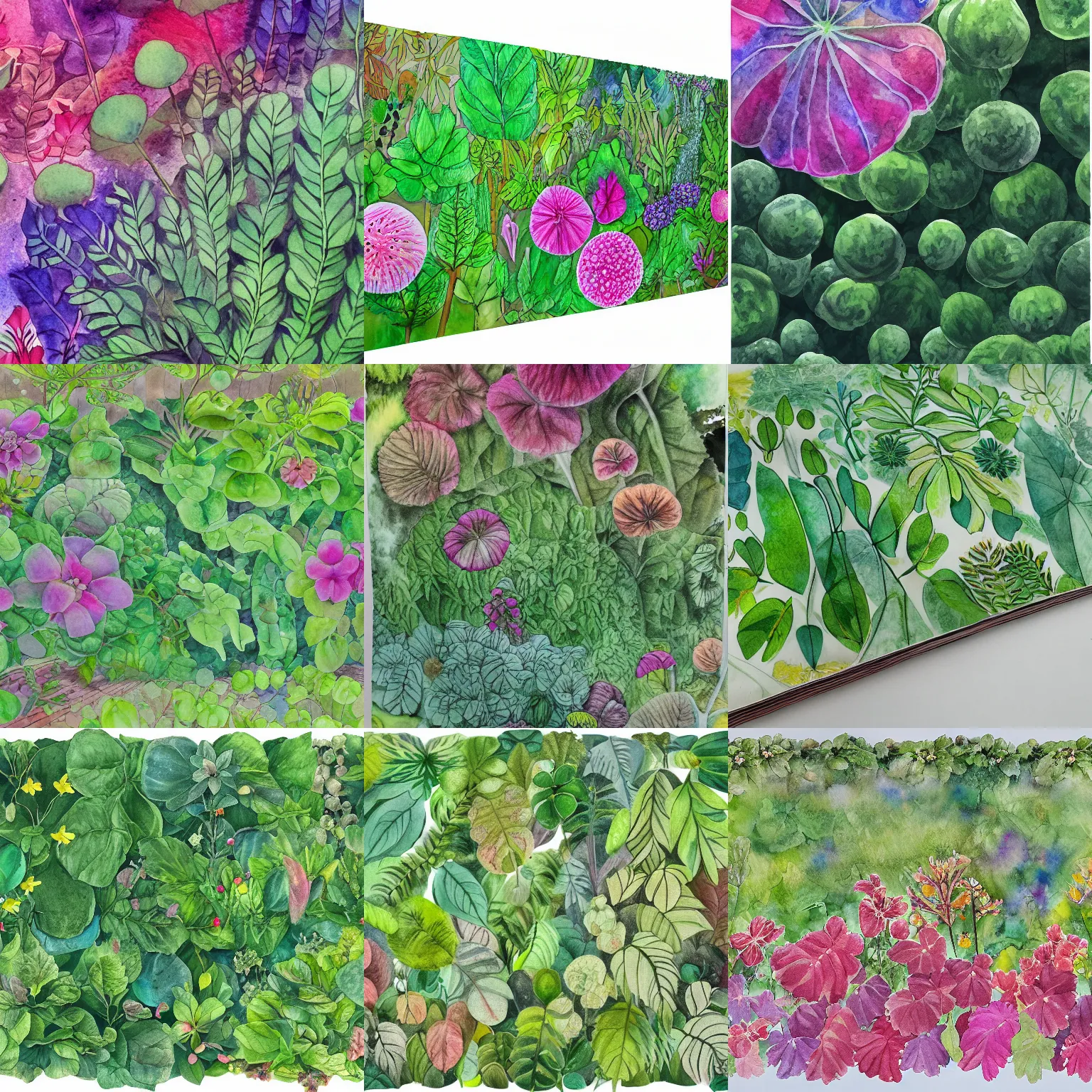 Prompt: garden on paper floating puffy vines herbarium watercolors iridescent 8 k wide angle realistic