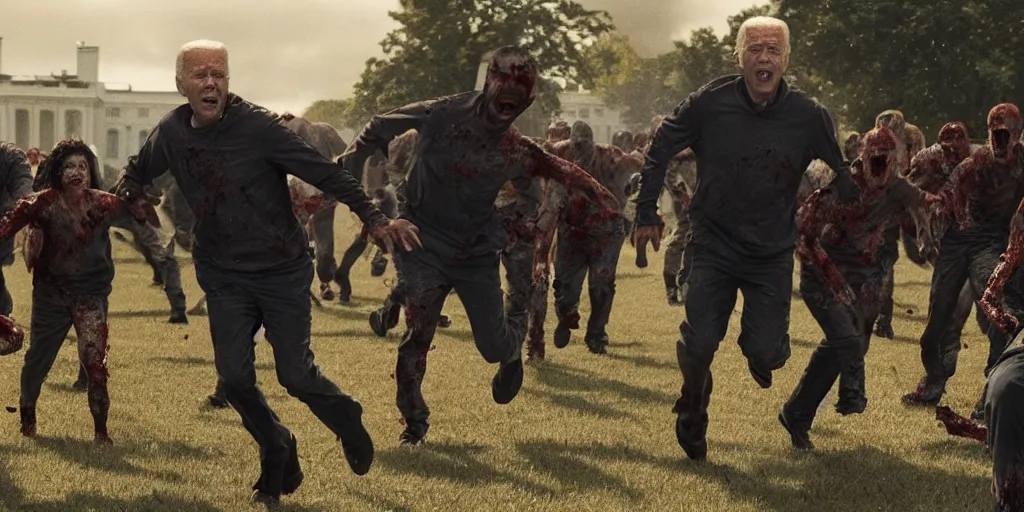 Image similar to movie still of joe biden running away from a hoard of infected zombies on the white house lawn in the movie 2 8 days later, detailed, real, cinematic, 8 k, featured on artstation, detailed faces