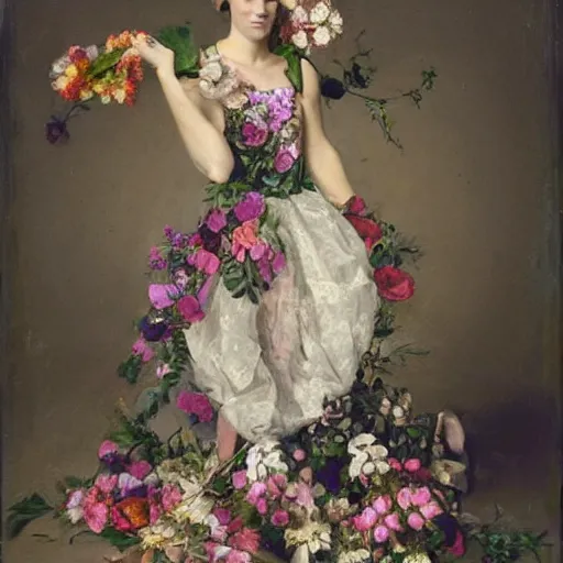 Prompt: portrait of a beautiful athletic woman, wearing a dress made up of flowers.