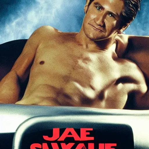 Image similar to a movie poster of Jake Gyllenhaal as patrick Swayze sitting in a hot tub in the movie Road House