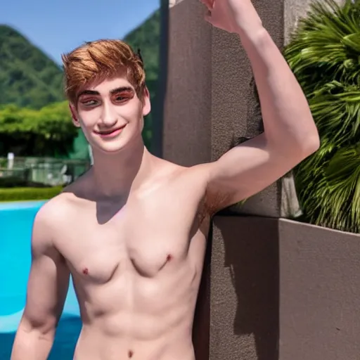 Image similar to a realistic detailed photo of a guy who is an attractive humanoid who is half robot and half humanoid, who is a male android, twitch stream ninja tyler blevins, shiny skin, posing like a statue, blank stare, by the pool, on display