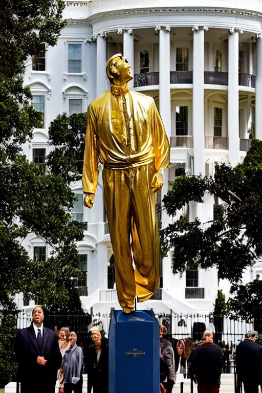 Image similar to A beautiful polished gold statue of Nicholas Cage in front of the White House, photo by Steve McCurry
