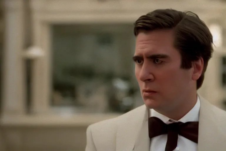 Image similar to cinematic still of chubby clean-shaven white man wearing chocolate brown suit and necktie in Casper (1995), XF IQ4, f/1.4, ISO 200, 1/160s, 8K, RAW, dramatic lighting, symmetrical balance, in-frame