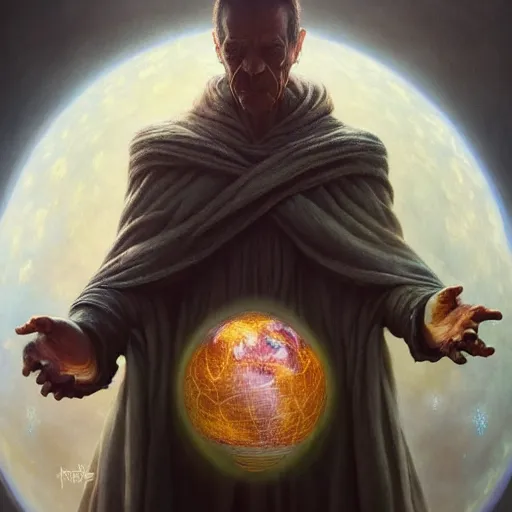 Image similar to the creator of worlds wearing a cloak and holding a holographic planet projection in his hand, detailed, sci - fi, digital painting, artstation, sharp focus, illustration, ominous, artgerm, tomasz alen kopera, peter mohrbacher, donato giancola, joseph christian leyendecker, wlop, frank frazetta