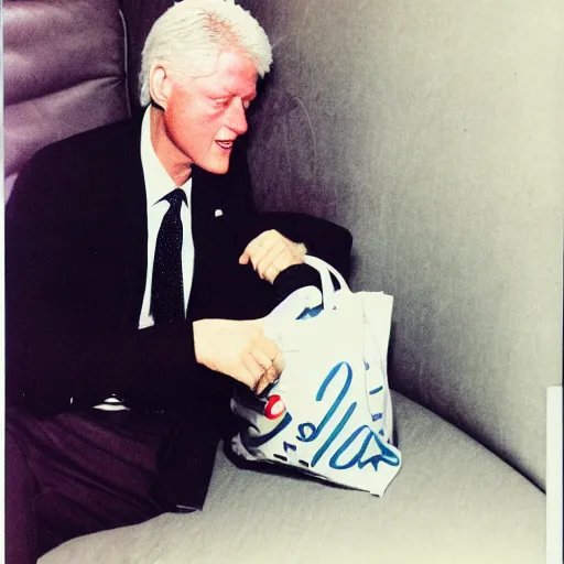 Image similar to polaroid of Bill Clinton wearing a white hoodie and holding a bag of weed sitting on the couch, 8k, very detailed, very intricate,