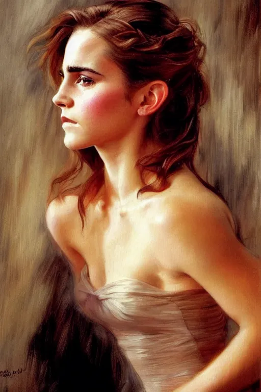 Prompt: detailed portrait of a beautiful emma watson 1 9 9 0 s hairstyle muscular, painting by gaston bussiere, craig mullins, j. c. leyendecker