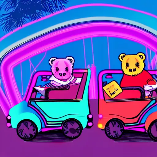 Prompt: teddy bears riding bumper cars in a theme park, synthwave, digital art