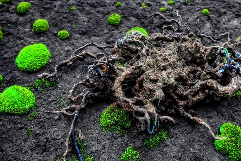 Image similar to a beautiful demonic creature covered in moss shells and electronic wires sculpture electricity earthquake, ocean, sea, dust particles, covered in dust, grind, rocks, dark clouds