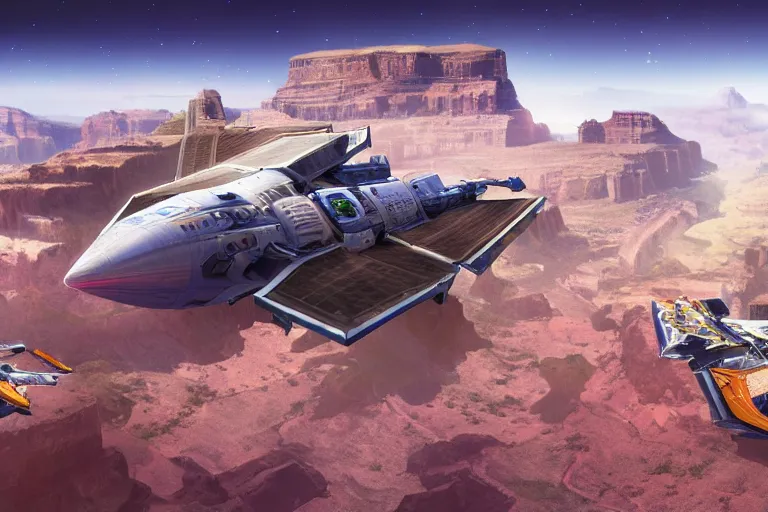 Image similar to spacecraft speed race road into the mountain rocks like grand canyon. Illustration by Blizzard and Ubisoft