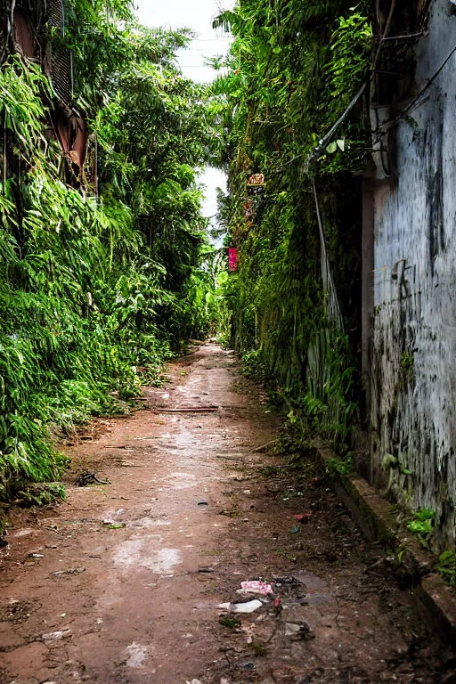 Image similar to abandoned sri lankan city street alley, overgrown greenery, photograph