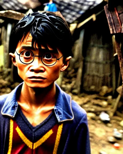 Prompt: high quality photo of harry potter as a poor filipino boy in the philippine slums, detailed photo