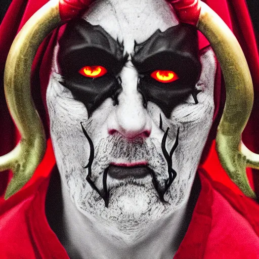 Prompt: portrait of the dark lord with horns, consumed by the dark powers, red eyes, wearing a robes, highly detailed, photography, 8k