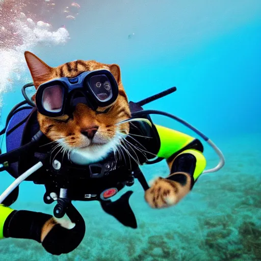 Image similar to high quality photo of a cat scuba diver wearing norkel mask