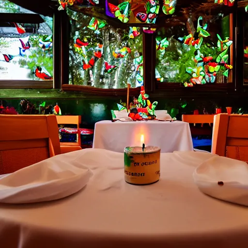 Prompt: close up of an itailian restaurant dining booth with a white table cloth and fine china, in the center of the table is a flickering candle, surrounding the candle are some small colorful translucent butterflies. Baby yoda eats a butterfly. 4K. HDR