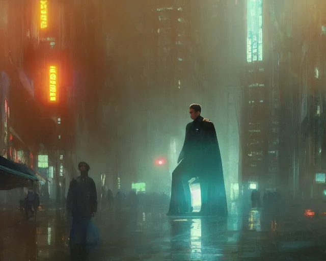 Image similar to 2 0 1 8 blade runner movie still man look at the cityscape from roof perfect face fine realistic face pretty face neon puffy jacket blue futuristic sci - fi elegant by denis villeneuve tom anders zorn hans dragan bibin thoma greg rutkowski ismail inceoglu illustrated sand storm alphonse mucha