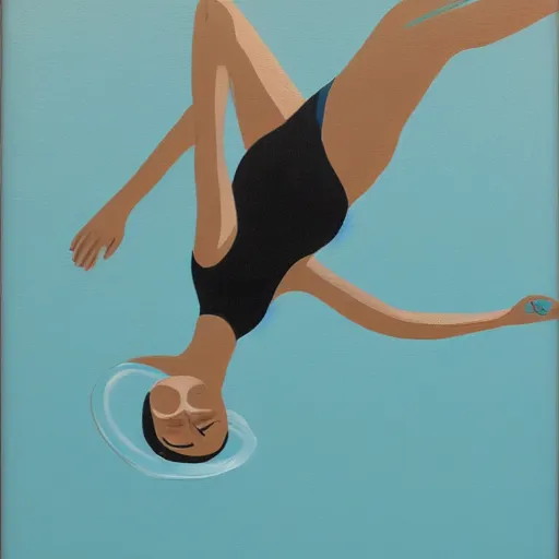 Prompt: acrylic painting on wood of a woman wearing a swimming cap diving from a high diving board into a pool. the pool is out of frame. teal, white, black and grayscale. simple. flat. vintage, mid - century modern. mid - drive, in the air, fully body