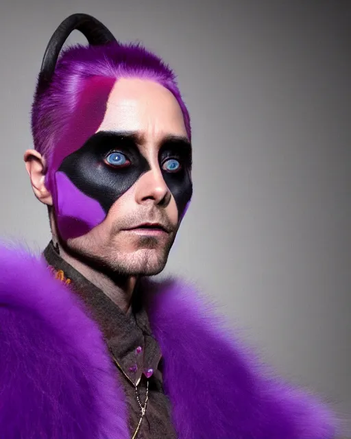 Image similar to Jared Leto with Wolf Eyes, goat ears, and purple fur, wearing Haider Ackerman, Rick Baker Style makeup, photo-real, Artstation, in the style of Annie Leibovitz
