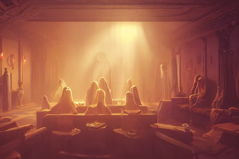 Image similar to cultist secret meeting taking place in a basement of a victorian mansion. incredible voluminous indirect soft glow cinematic lighting, hyperdetailed features, movie still, intricate, octane render, unreal engine, crepuscular rays, god rays, by beeple and rhads and donato giancola