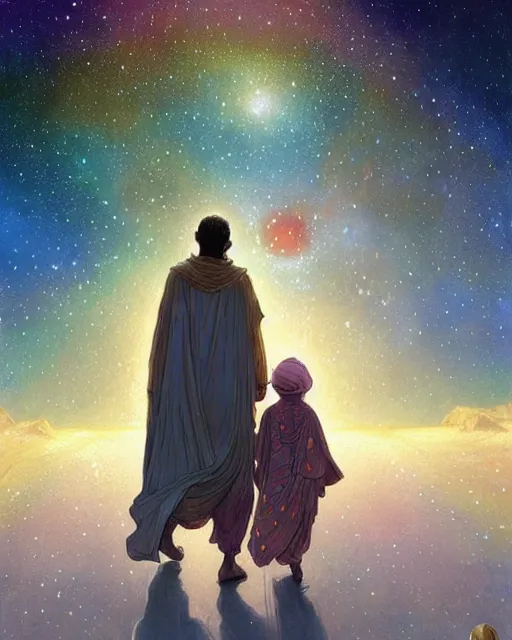 Image similar to bedouin man and woman and child in galaxy walking towards mosque surrounded by nebula, highly detailed, gold filigree, romantic storybook fantasy, soft cinematic lighting, award, disney concept art watercolor illustration by mandy jurgens and alphonse mucha and alena aenami, pastel color palette, featured on artstation