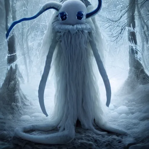 Prompt: an ethereal dream like fantasy fluffy ghost like spooky live action muppet wraith like figure with a squid like parasite latched as its head and four long tentacles for arms that flow gracefully at its sides like a cloak while it floats around a frozen rocky tundra in the snow searching for lost souls and that hides amongst the shadows in the trees, this character has cryokinesis and electrokinesis and is a real muppet by sesame street for a spooky halloween special, photo realistic, real, realistic, felt, stopmotion, photography, sesame street