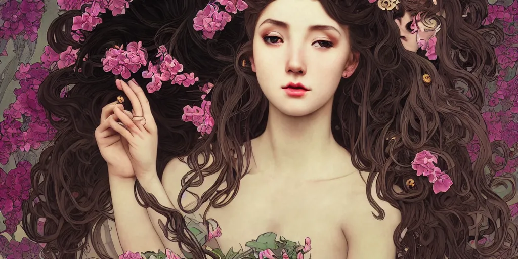 Image similar to a portrait of a very seductive young woman, hair full of gigantic flowers and octopus tentacles, photoillustration, realistic, closeup, facing the camera, dark, dramatic lighting, in the style of WLOP and Alphonse Mucha and Kim Deuk-sin