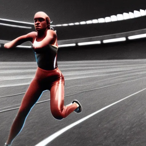 Image similar to Female athlete sprinter in a race with cyborg legs while the audience cheers, vintage footage, 1980's, cinematic stillframe, diesel punk, art deco stadium, artstation, otomo manga, akira