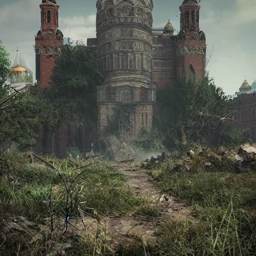 Image similar to post-apocalyptic overgrown kremlin, digital art, octane render, beautiful composition, trending on artstation, masterpiece