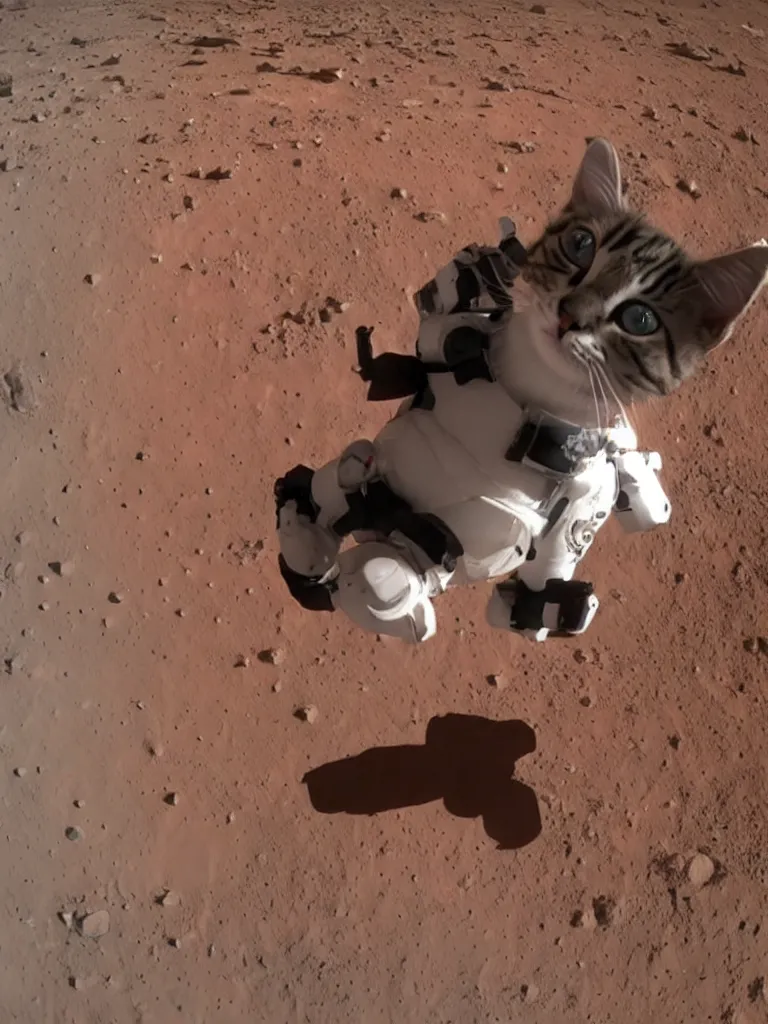 Image similar to gopro footage of a kitten wearing a realistic spacesuit on mars