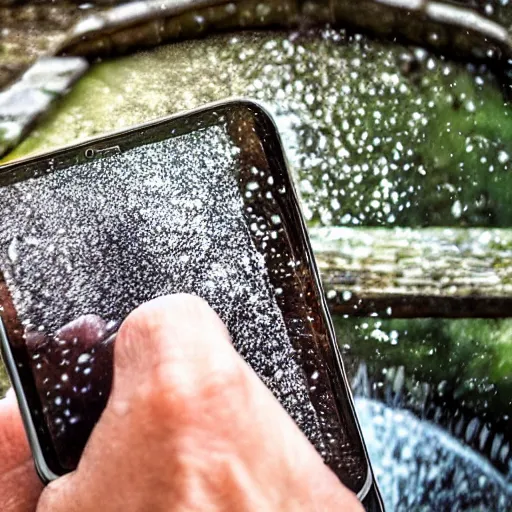 Prompt: fingers on a watermill wheel swiping up on a smartphone