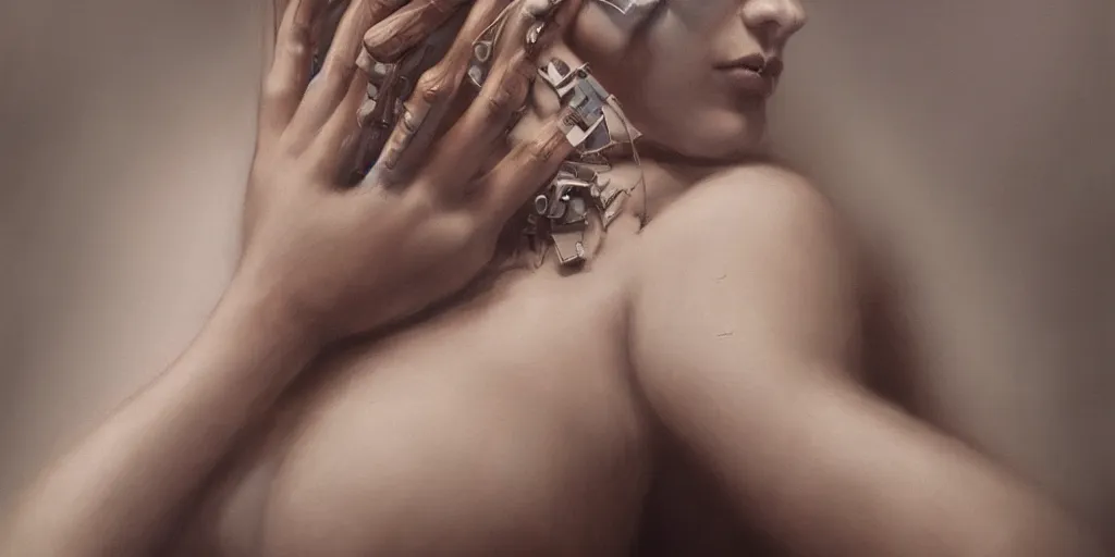 Image similar to hyperrealistic photography of a highly intricate, stunning, perfect cyborg female, elbow, knee, intimate, hand holdings, in the style of beth cavener, jin kagetsu, chuck close, and wlop, highly detailed, face, symmetry, masterpiece, award - winning, sharp focus, concept art, ambient lighting, 8 k, artstation