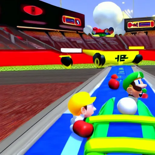 Image similar to video game screenshot of eminem in mario kart