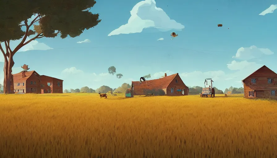 Prompt: gigantic cat next to the small house, wheat field harvesting, big tree, matte painting, art station, blue sky, simon stalenhag