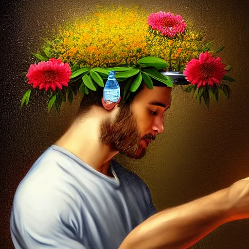 Image similar to man pouring water on head, flowers are in a pot on his head, the pot is part of his head, high detail, 8K digital art