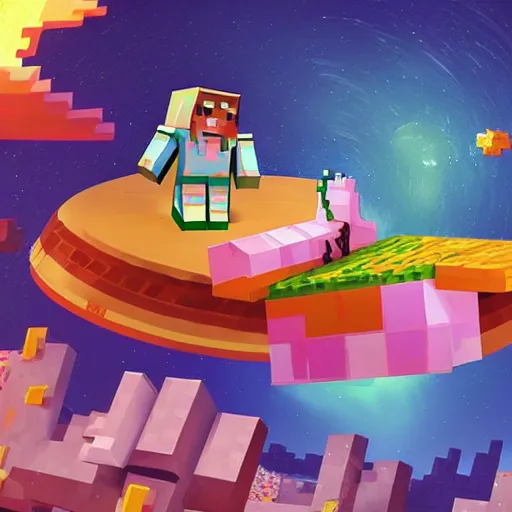 Prompt: highly detailed concept art in the minecraft universe of a happy little pink dolphin flying through space eating pizza and cheese, where the planets are candy, hd, trending on artstation