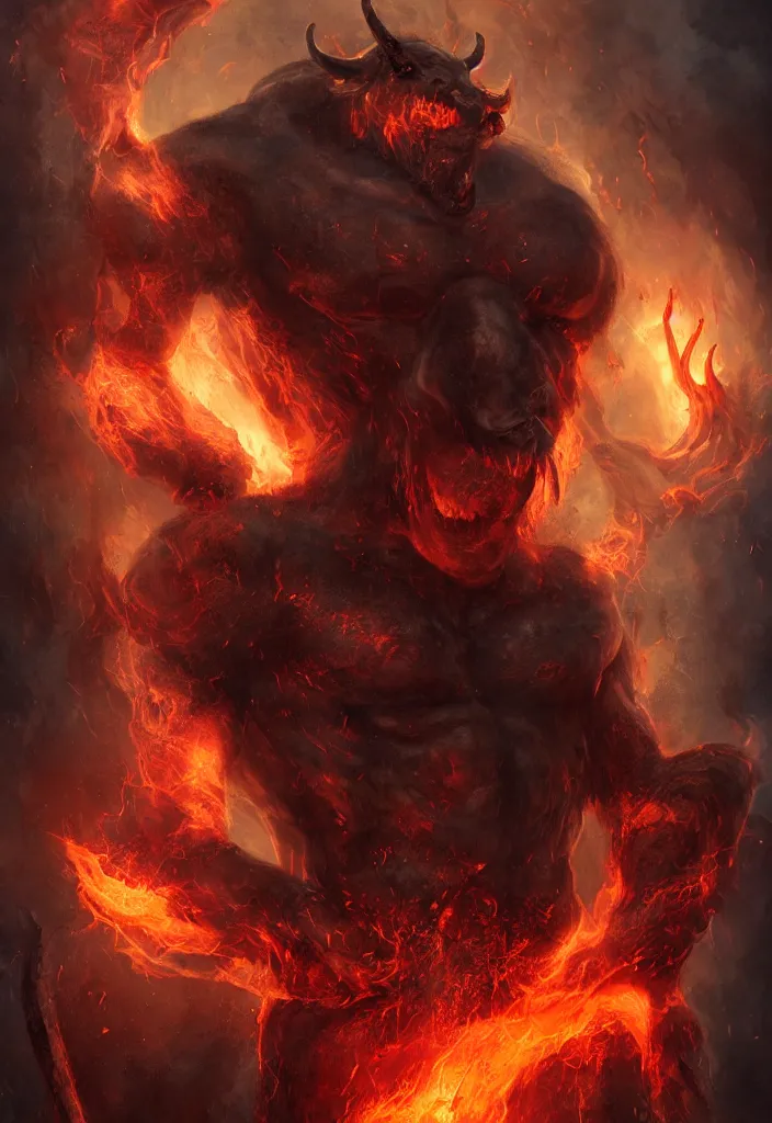Image similar to a portrait of a gigantic minotaur as a demon in a fiery hell, eerie, dark, magical, fantasy, trending on artstation, digital art.