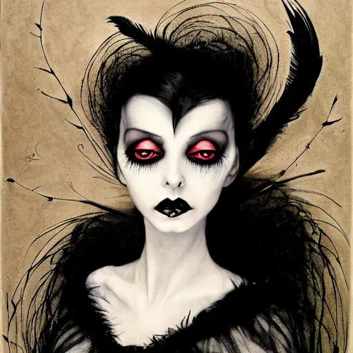 Prompt: portrait soft light, goth woman as mysterious supervillain and and black veil and modestly clothed victorian goth, black feathers instead of hair, black wings instead of arms, gray mottled skin, black feathers growing out of skin, transforming, by tim burton and brian froud, german expressionist, paintbrush, rough paper, fine,