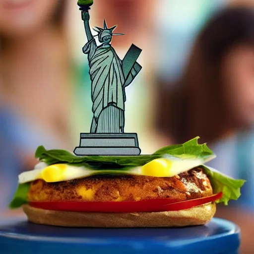 Image similar to the statue of liberty holding a burger realistic