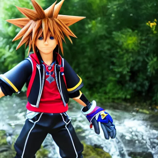 Prompt: kingdom hearts sora cosplay near waterfall low angle detailed face 85mm