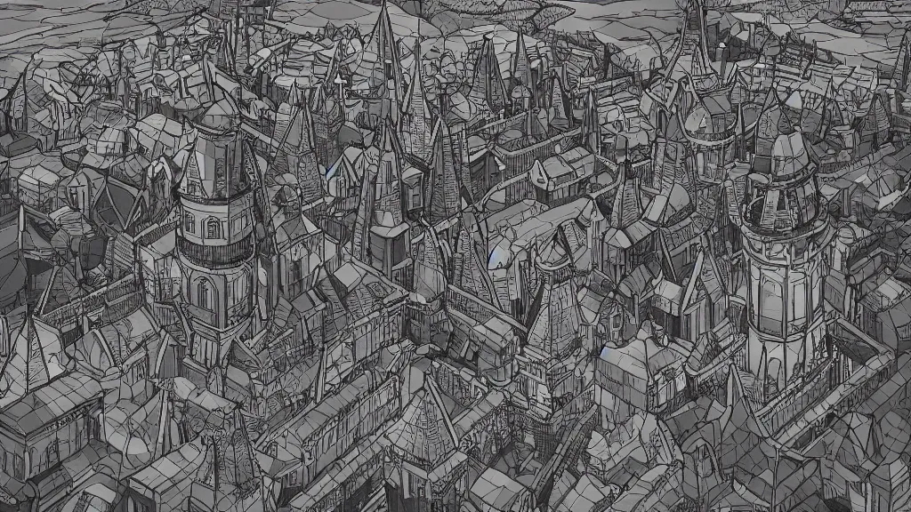 Image similar to aerial view of wizard tower surrounded by mountains, lineart, colored