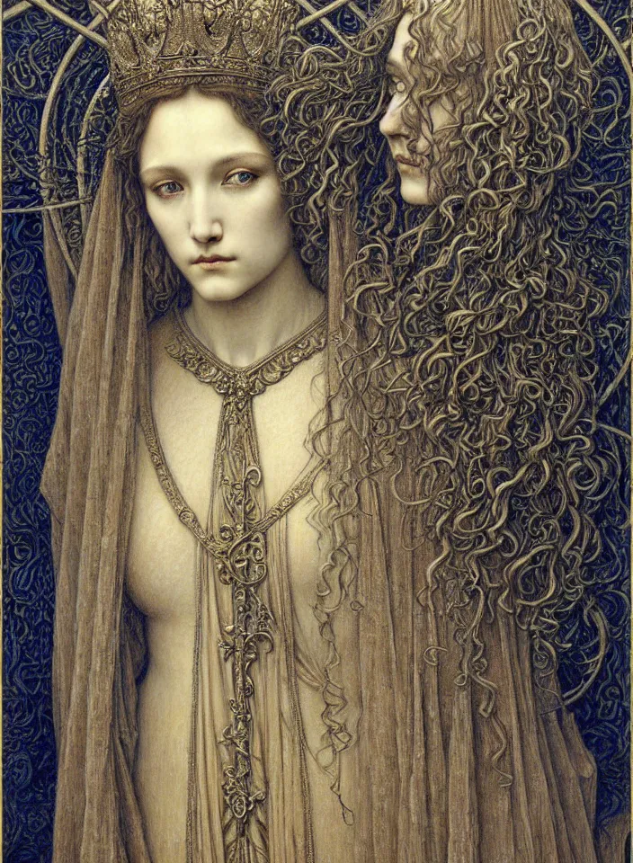 Image similar to detailed realistic beautiful young medieval queen face portrait by jean delville, gustave dore and marco mazzoni, art nouveau, symbolist, visionary, gothic, pre - raphaelite. horizontal symmetry