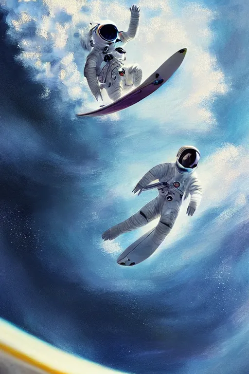 Image similar to a beautiful digital painting of an astronaut in a white space suit surfing the great wave on a surfboard by greg rutkowski, photorealistic, trending on artstation, highly detailed, intricate, unreal engine, octane render