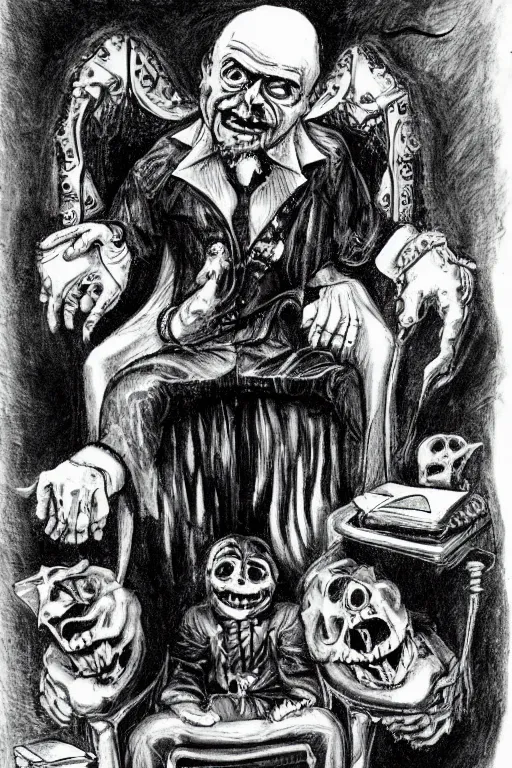 Prompt: a haunted man sitting in a throne, surrounded by your alternative personalities, by ed ( big daddy ) roth