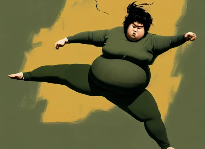 Image similar to duotone olive green gray illustration 3 / 4 portrait of fat woman fighting bruce lee style. dynamic chaotic composition random golden renaissance proportion. author sachin teng and sergei wheelsov and ruan jia and heng z. graffiti art, scifi, sci - fi, hyper detail. octane rendering. concept art. trend on artstation