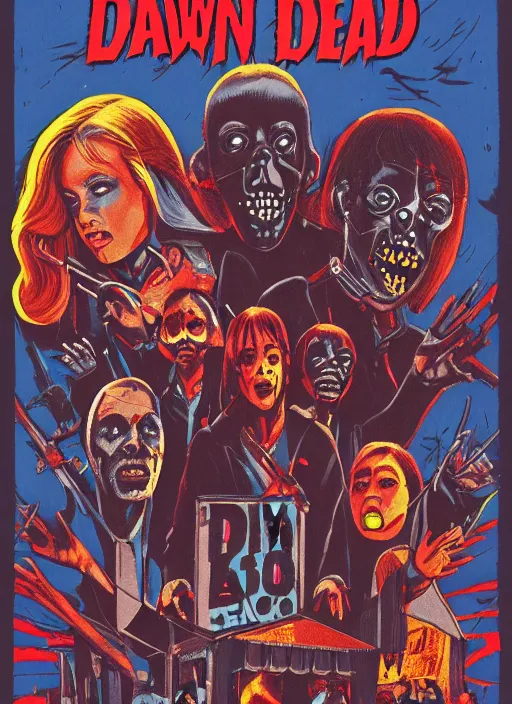 Image similar to Dawn of the Dead (1978) poster, Highly detailed, centered, concept art, smooth, sharp focus, illustration, Wes Wilson, Bonnie MacLean, Stanley Mouse, Alton Kelley, Greg Irons, Lee Conklin